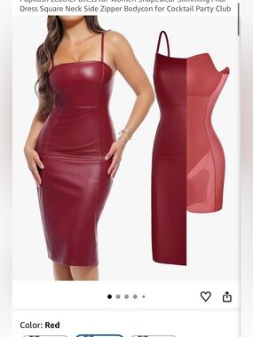 Popilush Leather Dress  Slimming Midi Dress Square  Neck Side Zipper